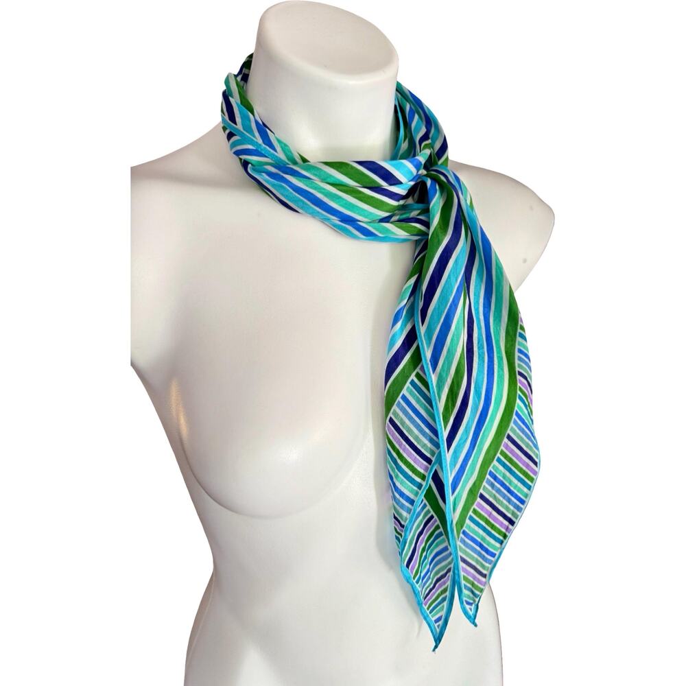 Vintage Oscar de la Renta Silk Skinny Scarf Diagonal Turquoise Japan 7x78" - Picture 2 of 9